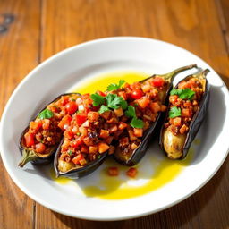 A beautifully arranged plate featuring Imam Bayildi, a traditional Turkish eggplant dish