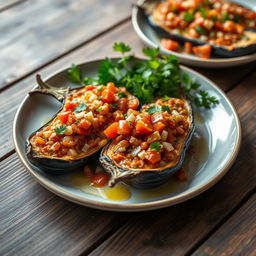 A beautifully arranged plate featuring Imam Bayildi, a traditional Turkish eggplant dish