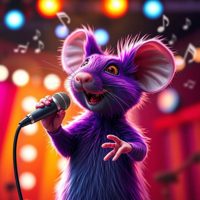 A realistic purple mouse holding a microphone, singing a song with enthusiasm