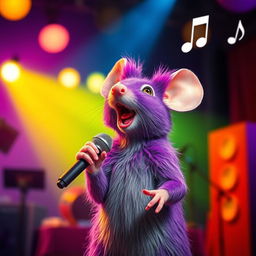 A realistic purple mouse holding a microphone, singing a song with enthusiasm