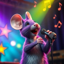 A realistic purple mouse holding a microphone, singing a song with enthusiasm