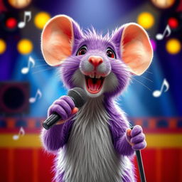 A realistic purple mouse holding a microphone, singing a song with enthusiasm