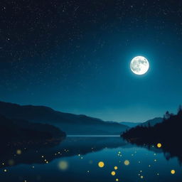 A serene night scene featuring a starry sky illuminated by a full moon casting soft light over tranquil waters