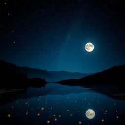 A serene night scene featuring a starry sky illuminated by a full moon casting soft light over tranquil waters