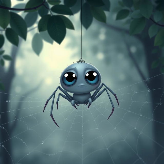 A sad spider sitting alone on a web, with large, expressive eyes reflecting sadness