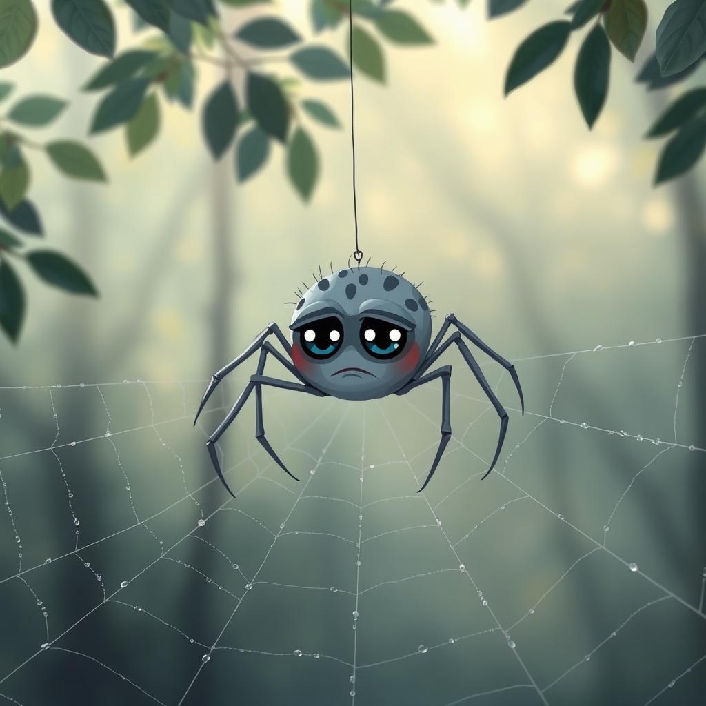 A sad spider sitting alone on a web, with large, expressive eyes reflecting sadness