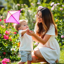 A tender moment between a mother and her son in a bright garden