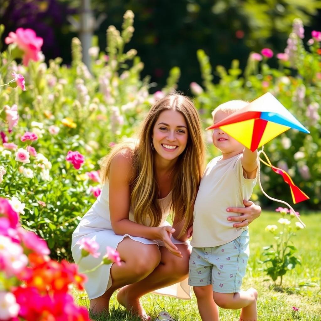 A tender moment between a mother and her son in a bright garden
