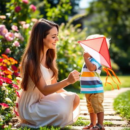 A tender moment between a mother and her son in a bright garden