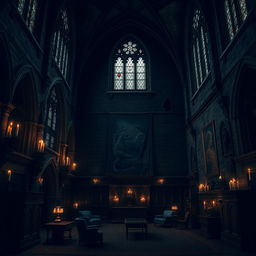 A dark and mysterious castle interior, featuring high ceilings with intricate gothic architecture, dimly lit by flickering candlelight casting shadows across the stone walls