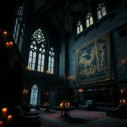 A dark and mysterious castle interior, featuring high ceilings with intricate gothic architecture, dimly lit by flickering candlelight casting shadows across the stone walls