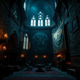 A dark and mysterious castle interior, featuring high ceilings with intricate gothic architecture, dimly lit by flickering candlelight casting shadows across the stone walls