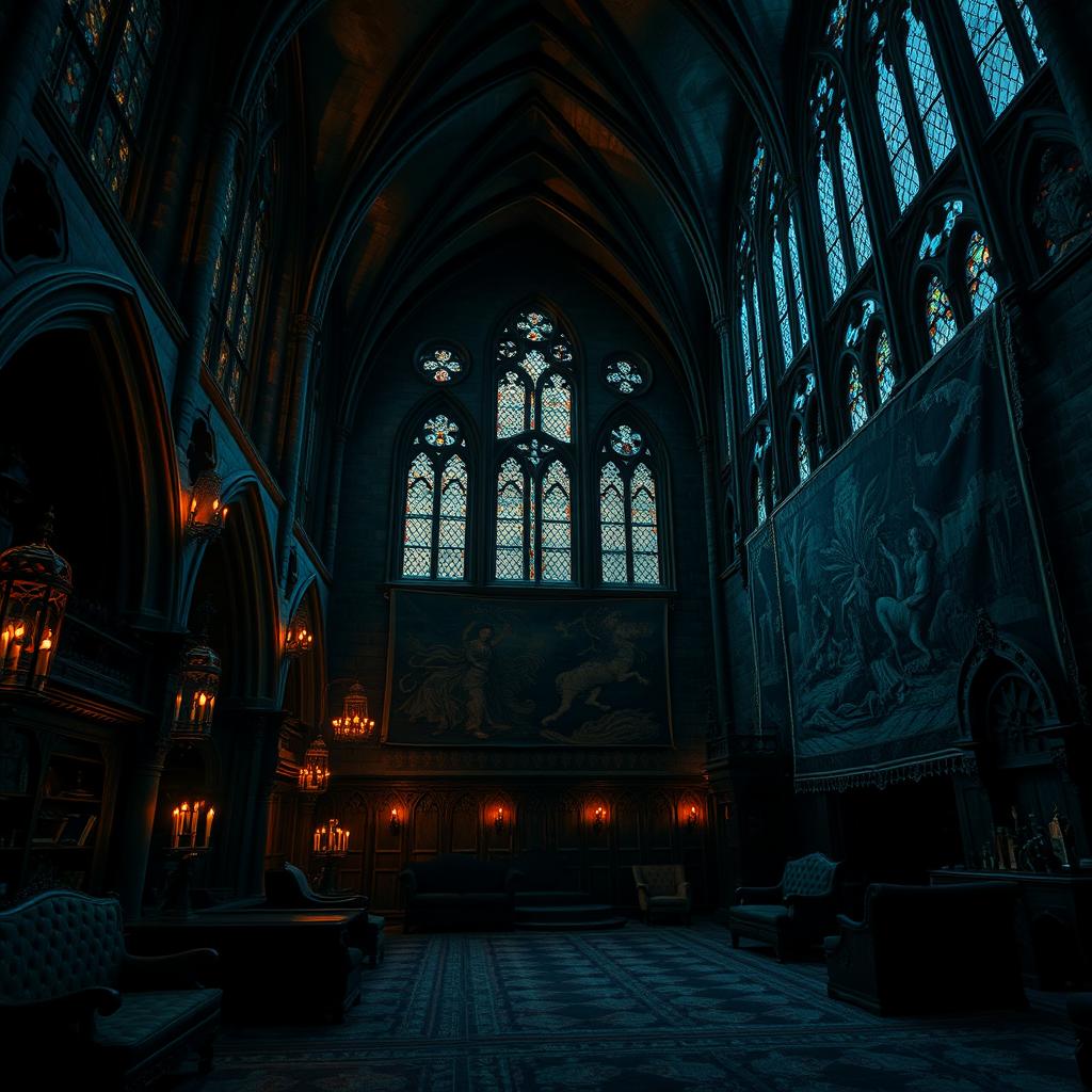 A dark and mysterious castle interior, featuring high ceilings with intricate gothic architecture, dimly lit by flickering candlelight casting shadows across the stone walls