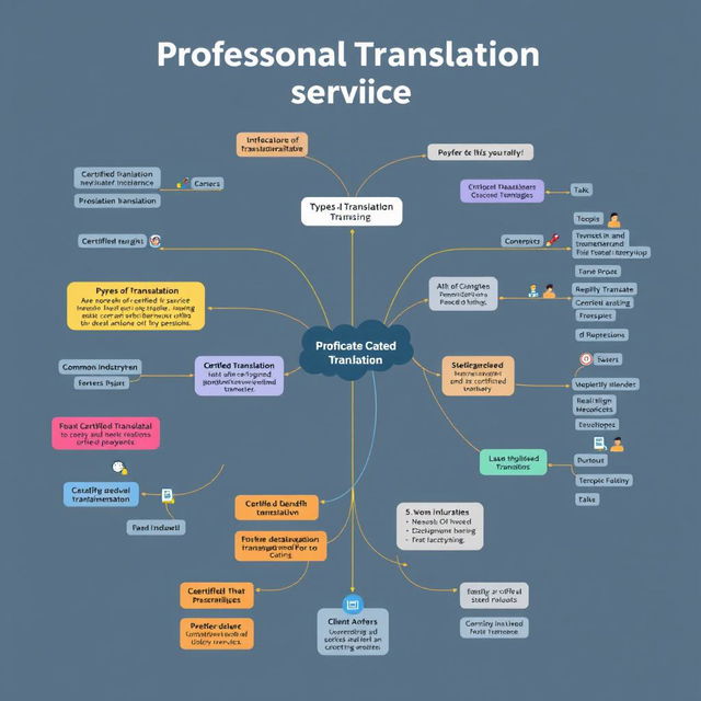 A mind map design summarizing professional translation services, highlighting key points such as types of translation available, the importance of certified translation, common industries that utilize these services, client benefits, and the process involved in obtaining a certified translation