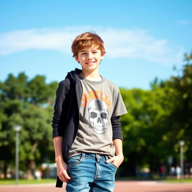 A confident 16-year-old boy standing tall, with a bright smile and stylish casual clothing