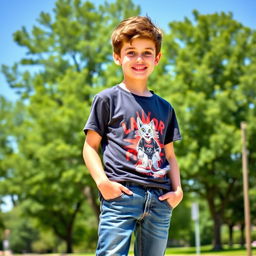 A confident 16-year-old boy standing tall, with a bright smile and stylish casual clothing