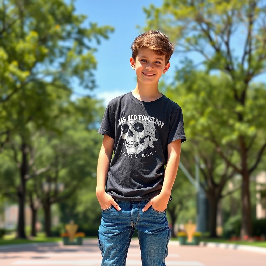 A confident 16-year-old boy standing tall, with a bright smile and stylish casual clothing