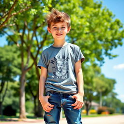 A confident 16-year-old boy standing tall, with a bright smile and stylish casual clothing