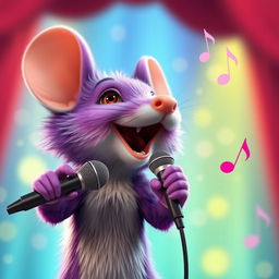 A realistic purple mouse holding a microphone, singing joyfully