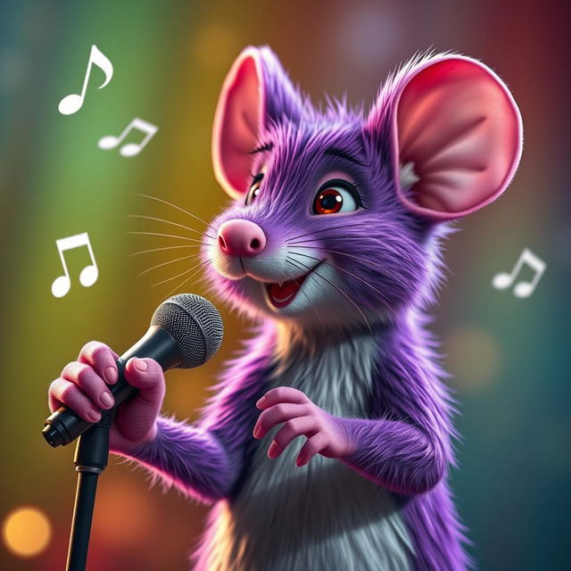 A realistic purple mouse holding a microphone, singing joyfully