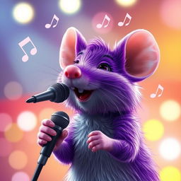 A realistic purple mouse holding a microphone, singing joyfully