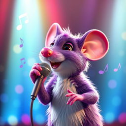 A realistic purple mouse holding a microphone, singing joyfully
