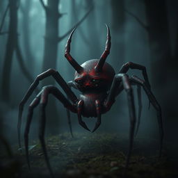 A sad devil spider with a deep crimson body, featuring intricate black designs on its exoskeleton