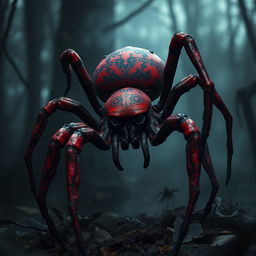 A sad devil spider with a deep crimson body, featuring intricate black designs on its exoskeleton