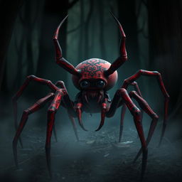 A sad devil spider with a deep crimson body, featuring intricate black designs on its exoskeleton