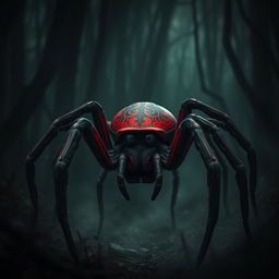 A sad devil spider with a deep crimson body, featuring intricate black designs on its exoskeleton