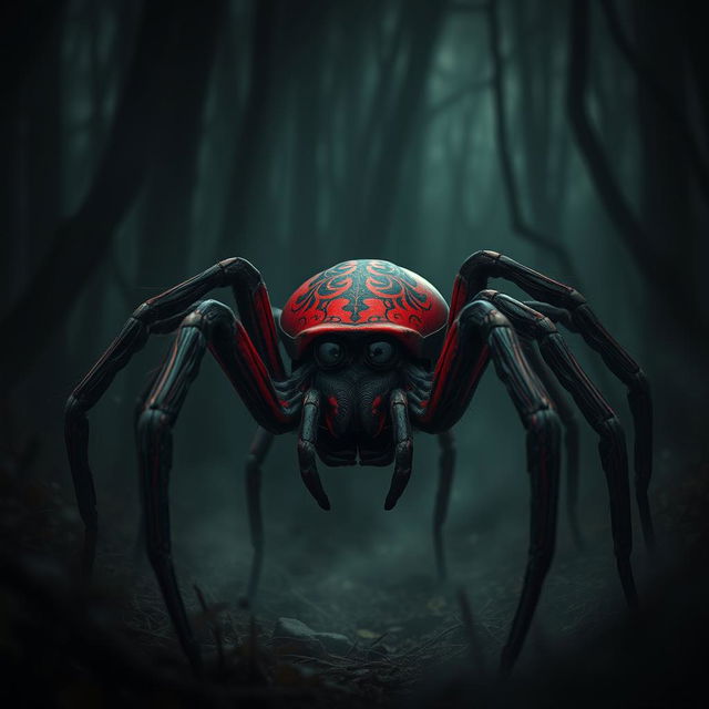 A sad devil spider with a deep crimson body, featuring intricate black designs on its exoskeleton