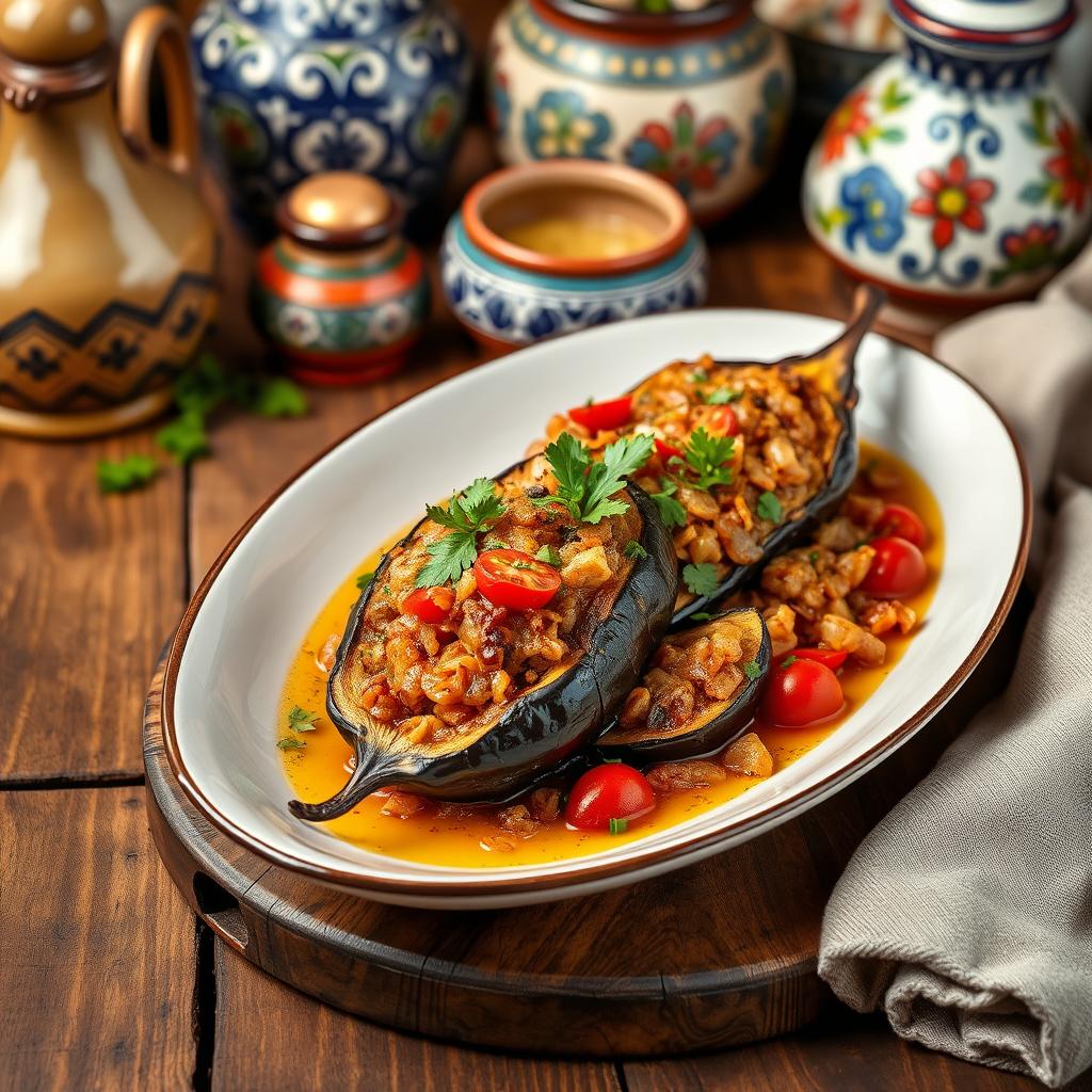 A beautifully styled presentation of İmam Bayıldı, a traditional Turkish dish featuring eggplant stuffed with a fragrant mixture of onions, garlic, tomatoes, and olive oil