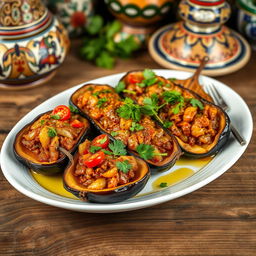 A beautifully styled presentation of İmam Bayıldı, a traditional Turkish dish featuring eggplant stuffed with a fragrant mixture of onions, garlic, tomatoes, and olive oil