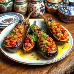 A beautifully styled presentation of İmam Bayıldı, a traditional Turkish dish featuring eggplant stuffed with a fragrant mixture of onions, garlic, tomatoes, and olive oil