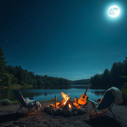 A serene night scene showcasing a bright, star-filled sky above a tranquil lake, with the moon casting a shimmering reflection on the water