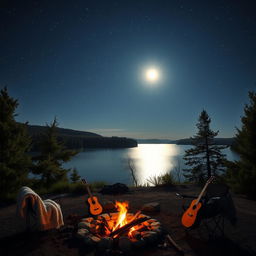 A serene night scene showcasing a bright, star-filled sky above a tranquil lake, with the moon casting a shimmering reflection on the water