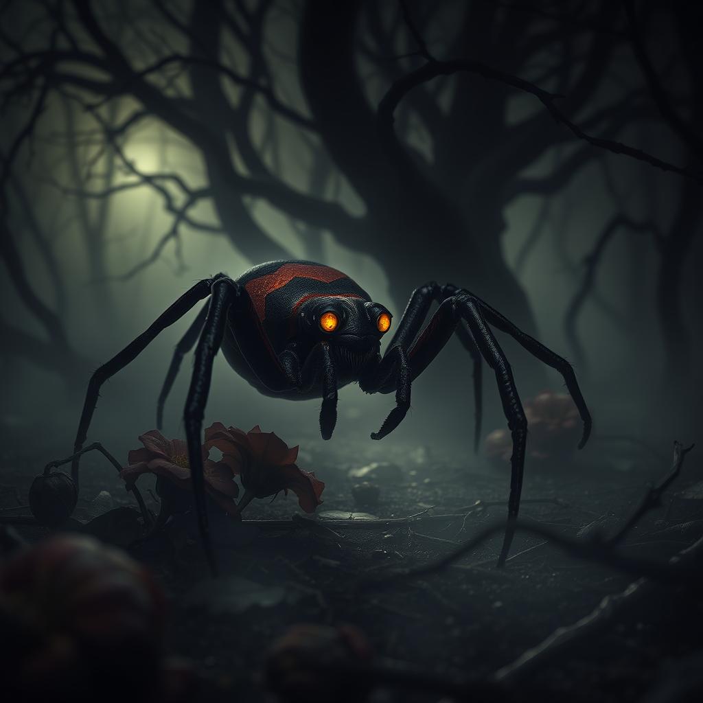 A sad and alone devil spider in a dimly lit, eerie forest setting
