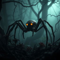 A sad and alone devil spider in a dimly lit, eerie forest setting