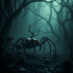 A sad and alone devil spider in a dimly lit, eerie forest setting