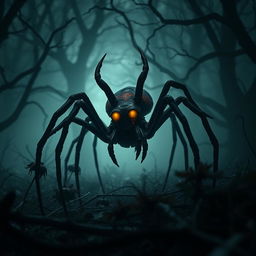 A sad and alone devil spider in a dimly lit, eerie forest setting
