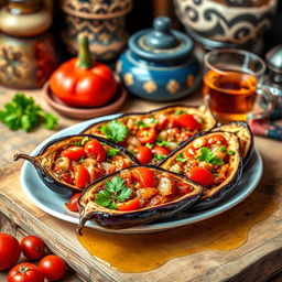 A vibrant and colorful depiction of İmam Bayıldı, a traditional Turkish eggplant dish