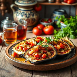 A vibrant and colorful depiction of İmam Bayıldı, a traditional Turkish eggplant dish