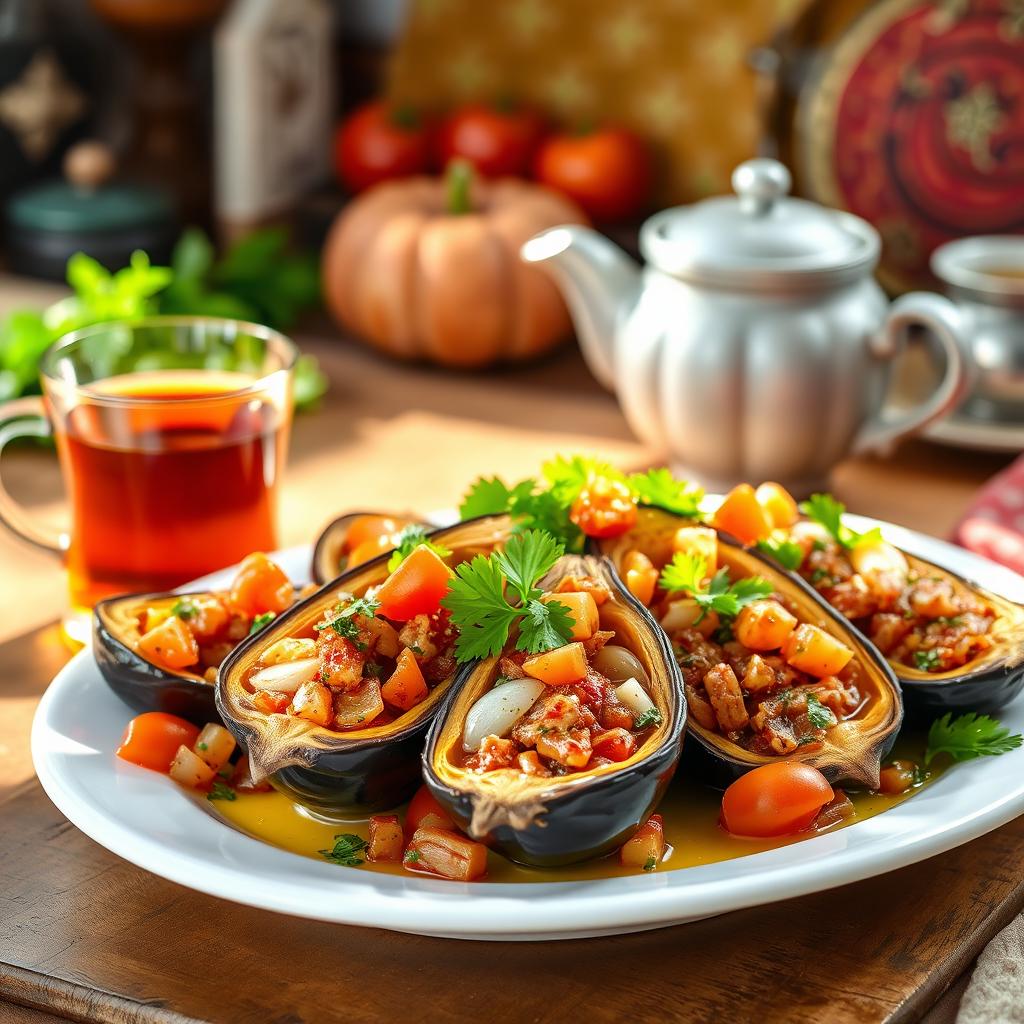 A vibrant and colorful depiction of İmam Bayıldı, a traditional Turkish eggplant dish