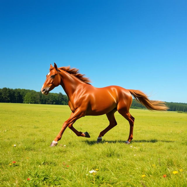 A majestic horse galloping gracefully across a lush green meadow under a clear blue sky