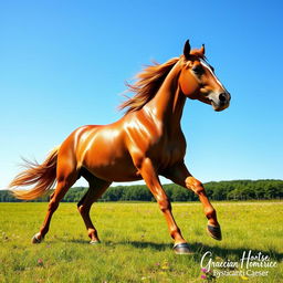 A majestic horse galloping gracefully across a lush green meadow under a clear blue sky