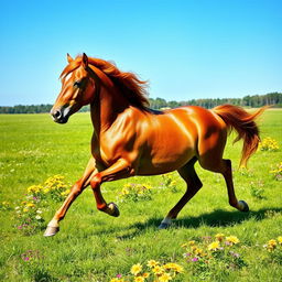 A majestic horse galloping gracefully across a lush green meadow under a clear blue sky
