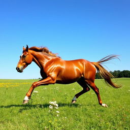 A majestic horse galloping gracefully across a lush green meadow under a clear blue sky