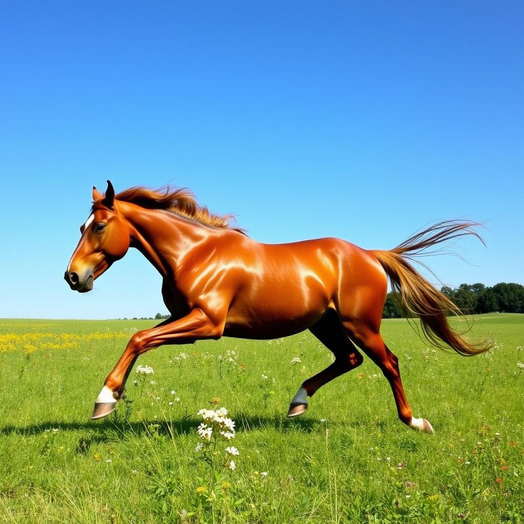 A majestic horse galloping gracefully across a lush green meadow under a clear blue sky