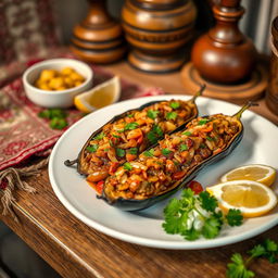 A beautifully plated serving of İmam Bayıldı, a traditional Turkish dish featuring eggplant stuffed with a flavorful mixture of onions, tomatoes, garlic, and herbs