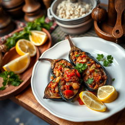 A beautifully plated serving of İmam Bayıldı, a traditional Turkish dish featuring eggplant stuffed with a flavorful mixture of onions, tomatoes, garlic, and herbs
